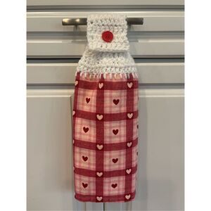 Crochet Top Kitchen Towel- Hearts-Pink plaid